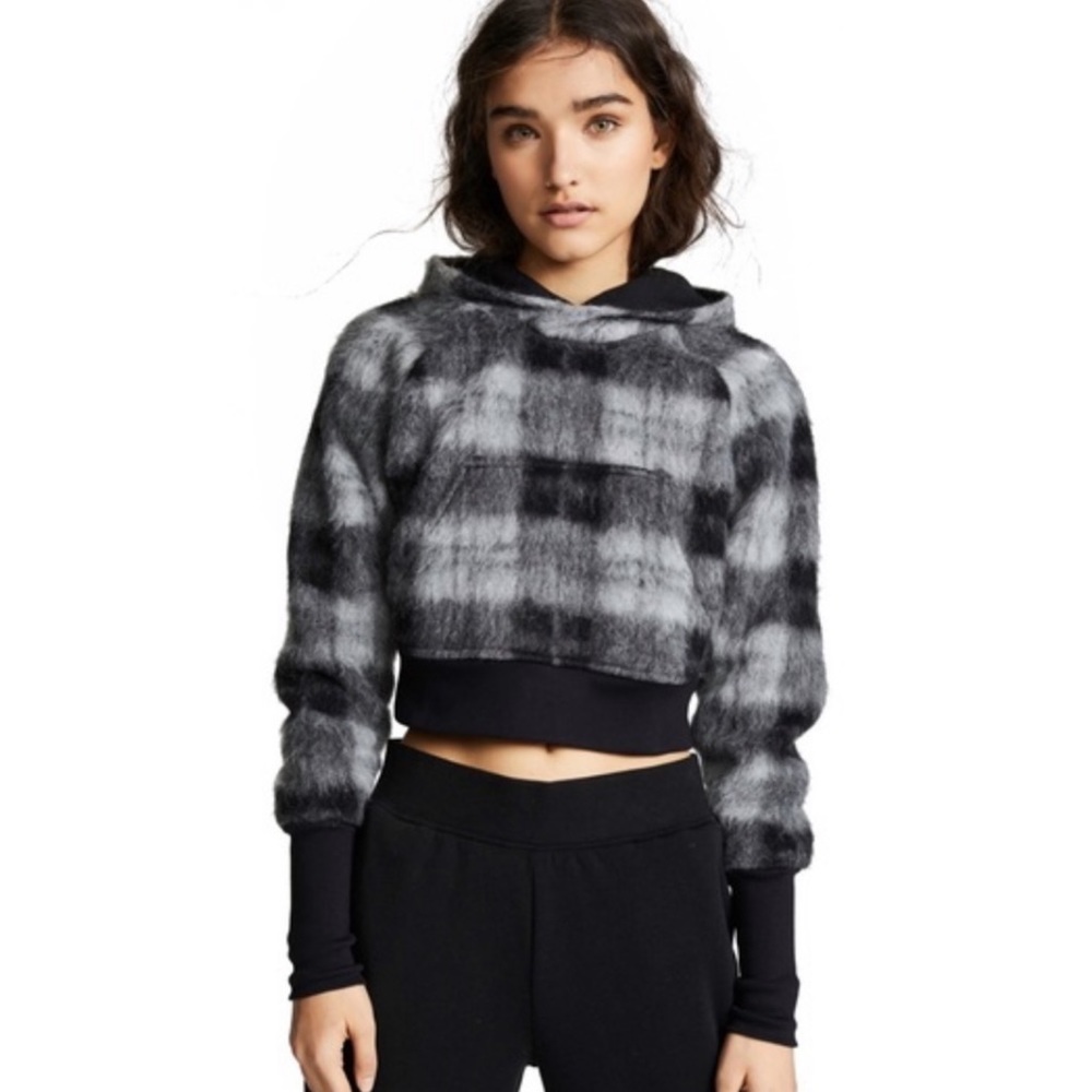 TWENTY MONTREAL CROPPED HOODIE WOOL BLEND BLACK WHITE PLAID SIZE M NWT